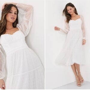 COPY - LULU's Bridal Shower Reception Swiss Dot Romantic Long Sleeve Midi Dress